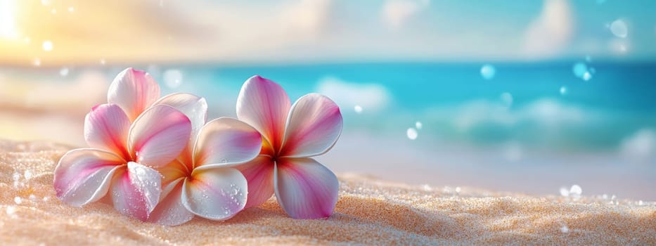 Plumeria flowers on the beach on the sand. selective focus. Generative AI, nature