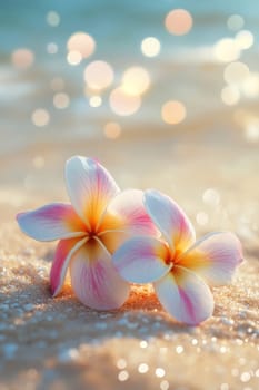 Plumeria flowers on the beach on the sand. selective focus. Generative AI, nature
