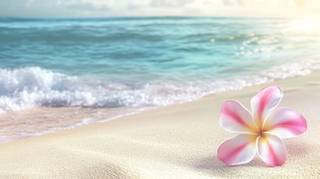 Plumeria flowers on the beach on the sand. selective focus. Generative AI, nature