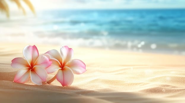 Plumeria flowers on the beach on the sand. selective focus. Generative AI, nature