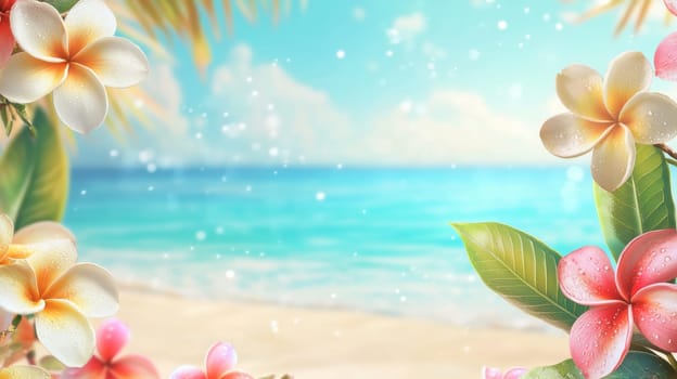 Plumeria flowers on the beach on the sand. selective focus. Generative AI, nature
