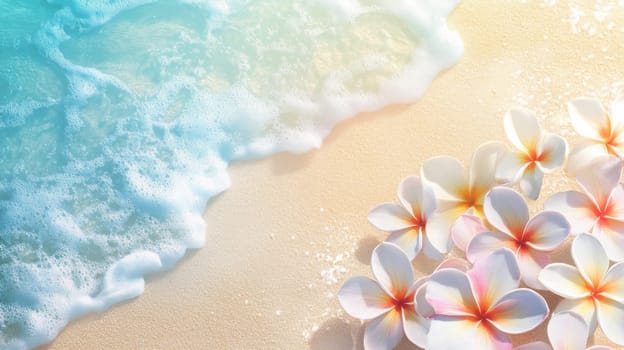 Plumeria flowers on the beach on the sand. selective focus. Generative AI, nature