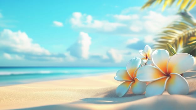 Plumeria flowers on the beach on the sand. selective focus. Generative AI, nature