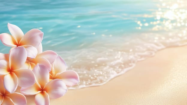 Plumeria flowers on the beach on the sand. selective focus. Generative AI, nature