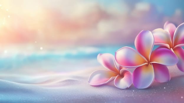 Plumeria flowers on the beach on the sand. selective focus. Generative AI, nature