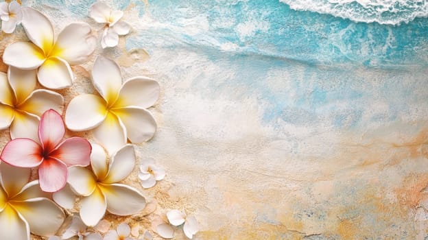 Plumeria flowers on the beach on the sand. selective focus. Generative AI, nature