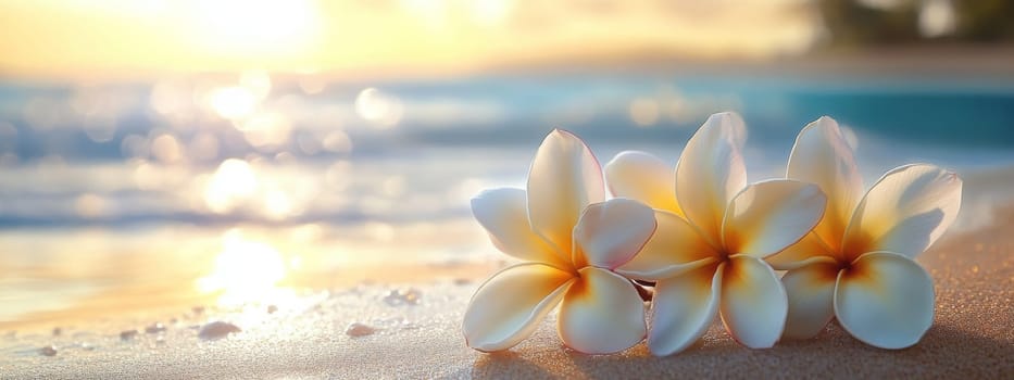 Plumeria flowers on the beach on the sand. selective focus. Generative AI, nature