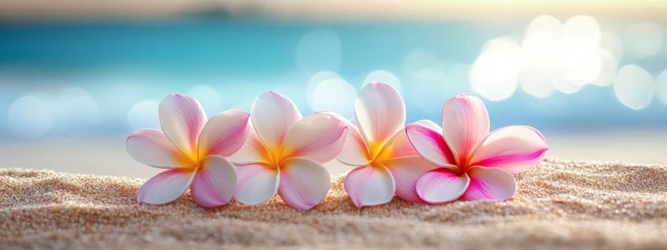 Plumeria flowers on the beach on the sand. selective focus. Generative AI, nature