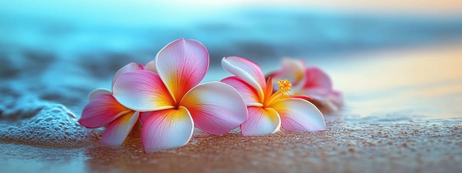 Plumeria flowers on the beach on the sand. selective focus. Generative AI, nature