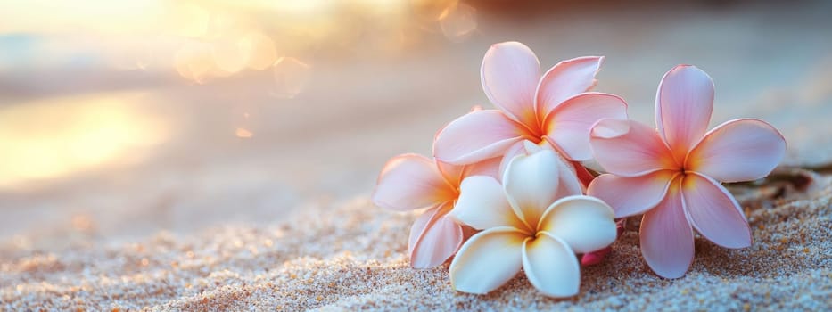 Plumeria flowers on the beach on the sand. selective focus. Generative AI, nature