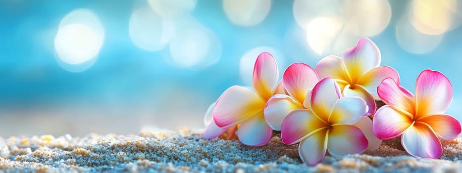 Plumeria flowers on the beach on the sand. selective focus. Generative AI, nature