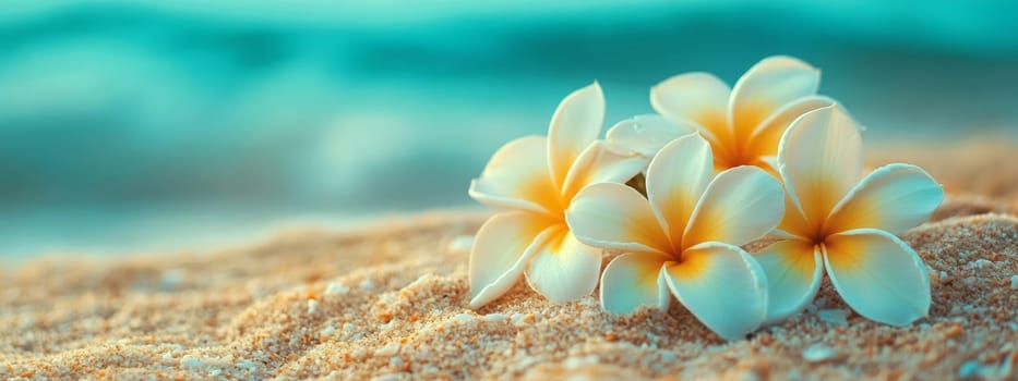 Plumeria flowers on the beach on the sand. selective focus. Generative AI, nature