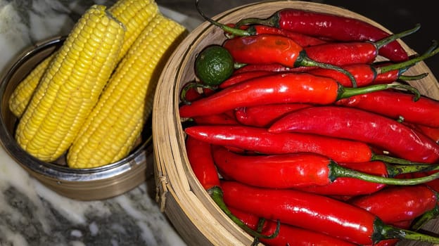 Vibrant red chili peppers with a single green lime resting in a wooden bowl beside yellow corn cobs on a stone surface, enhancing the natural and fresh themes of the composition.
