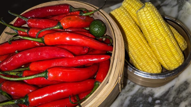 Vibrant red chili peppers with a single green lime resting in a wooden bowl beside yellow corn cobs on a stone surface, enhancing the natural and fresh themes of the composition.