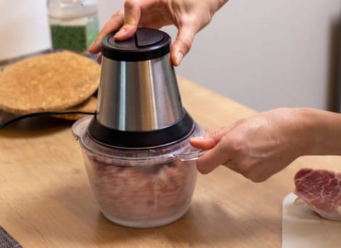 Woman mince the meat in the electrical chopper on the kitchen counter top