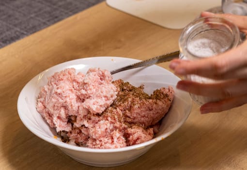 Just ground meat mince in the glass bawl of the electrical chopper on the kitchen counter top being seasoned and mixed. Cooking