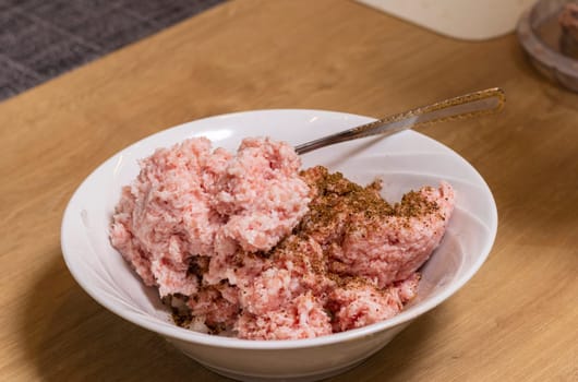 Just ground meat mince in the glass bawl of the electrical chopper on the kitchen counter top being seasoned and mixed