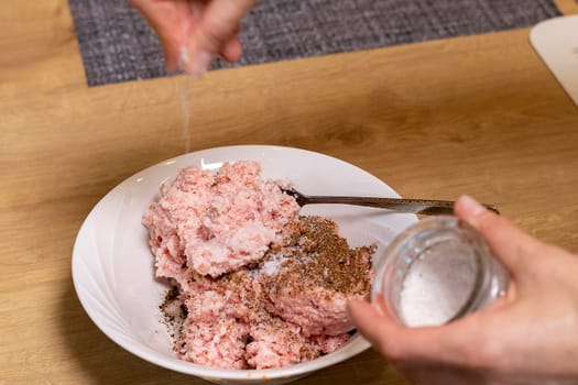 Just ground meat mince in the glass bawl of the electrical chopper on the kitchen counter top being seasoned and mixed. Cooking