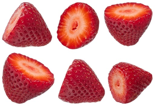 Close up of six halved strawberries arranged on background. Fresh, juicy, and vibrant red fruit pieces with visible seeds and texture