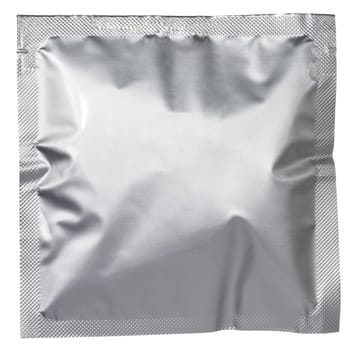 A blank, square, silver foil sachet or pouch, isolated  background, suitable for product packaging mockups
