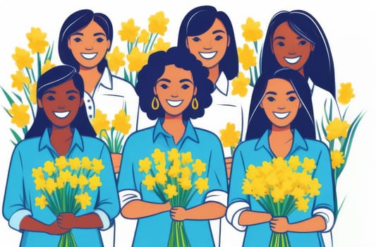 Women of different nationalities hold daffodils in their hands