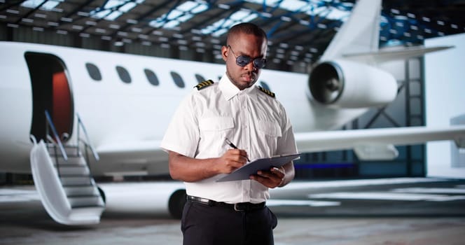 Smiling African American Airline Pilot In Uniform Checks Aircraft Maintenance