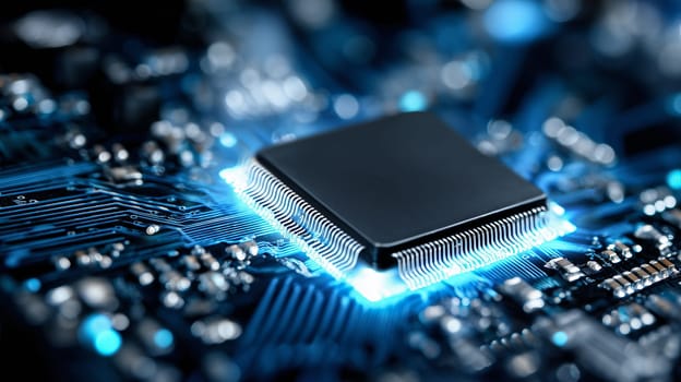 Futuristic Square Processor Glowing in Blue.