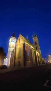 October 22 2024 Hradec Kralove Czech Republic Europe Kralov region, Kralovehradecky kraj. Illuminated cathedral night. High quality photo