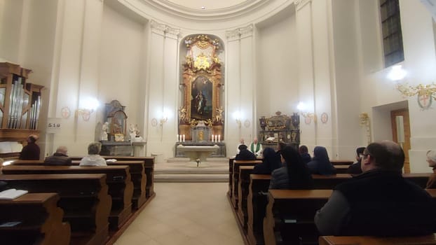 October 22 2024 Hradec Kralove Czech Republic Europe Kralov region, Kralovehradecky kraj. Church interior gathering religion architecture indoor people culture person . High quality photo editorial furniture objects travel tourism traditional