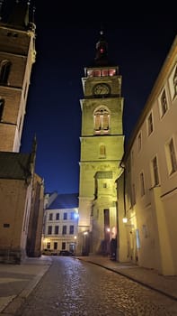 October 22 2024 Hradec Kralove, Czech Republic Europe, Kralov region, Kralovehradecky kraj Clock tower night. High quality photo city town centre architecture building