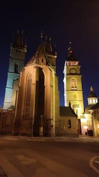 October 22 2024 Hradec Kralove, Czech Republic Europe, Kralov region, Kralovehradecky kraj Church Gothic Nighttime. High quality photo architecture street building city old town