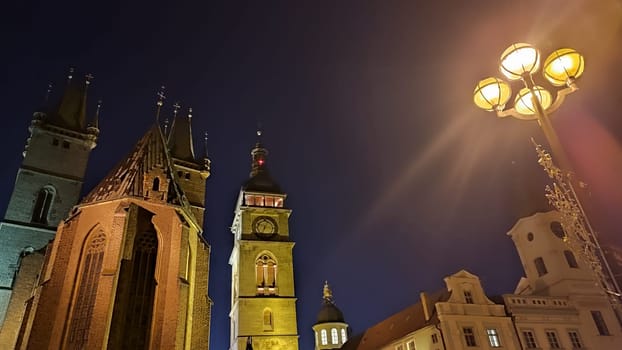 October 22 2024 Hradec Kralove, Czech Republic Europe, Kralov region, Kralovehradecky kraj, Gothic church night. High quality photo architecture street building travel tourism shotlisttravel place destination objects sky light