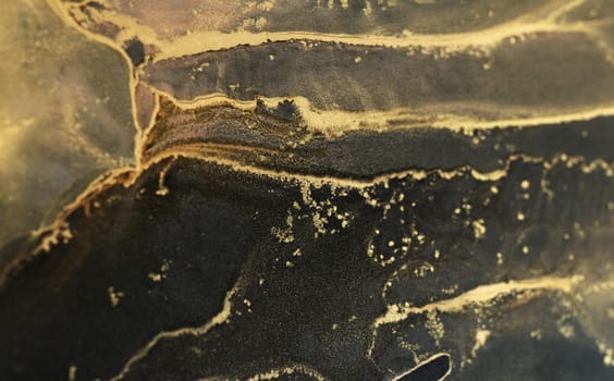 An artist is utilizing alcohol ink to create intricate patterns on a black background. The flowing gold and black colors blend seamlessly, revealing unique textures and stunning visual effects.