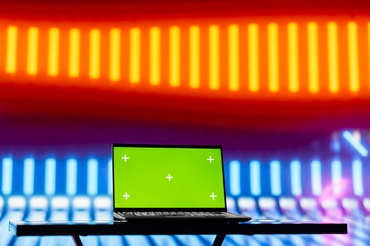 Empty neon scene blending cyber vibes with retro futuristic glow near copy space, making it ideal for creative mockup concepts or urban street style digital backgrounds. Minimalism.