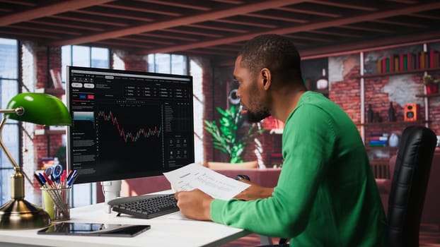 African american man using PC to purchase and sell stocks, monitoring forex graphs and diagrams. Male broker looking at stock exchange candle stick charts on computer. Camera B.