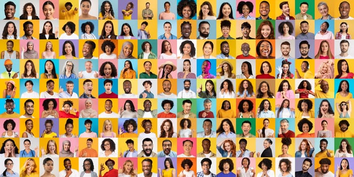 This vibrant collage features a variety of individuals from different backgrounds. Each unique portrait highlights diverse expressions and lifestyles, reflecting a global community.