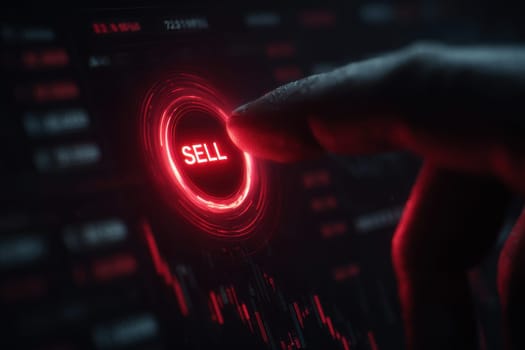 a hand touching a sell button Stock market exchange future analysis investment virtual screen Business digital interface technology concept..