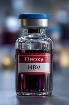 Close-up of bottle containing Deoxy-HbV developed artificial blood blood sample..