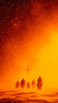 Christ explorers Walking Towards a Glowing Jesus Christ Cross in a Atmospheric Setting..