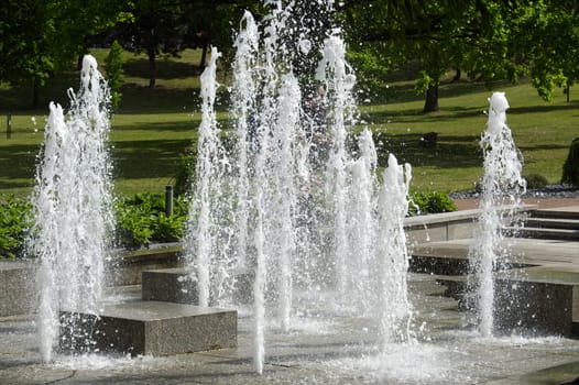 Captivating water jets of a dynamic fountain surrounded by greenery in a serene park. A tranquil urban scene showcasing nature's beauty alongside modern features on a sunny day.