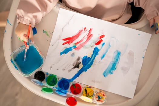 Top view of a colorful painting created by a young child using gouache paints. Childs artwork with bright, abstract shapes and playful brushstrokes on white paper.