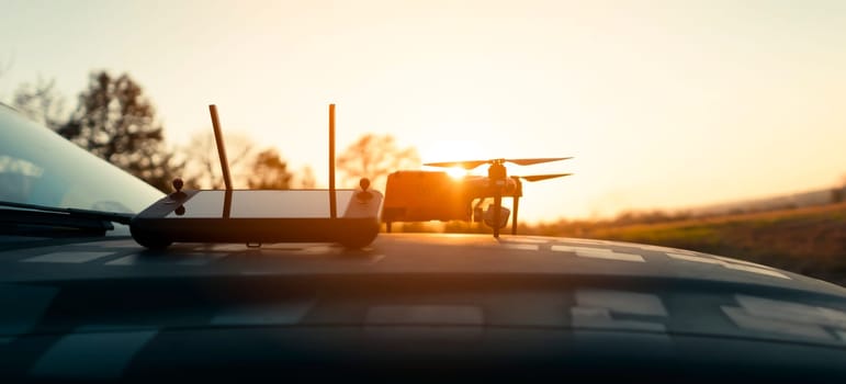 A drone and remote control against the sunset outdoors, in the rays of the sun. UAV technologies for monitoring territories, secret missions from the air, agricultural purposes and security.