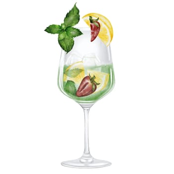 Mojito in a glass watercolor drawing. Hand drawn illustration of alcoholic drink with ice,lemon, strawberry and mint on white background. Clip art of drinks. Ideal for bar and restaurant menu on the beach. High quality illustration
