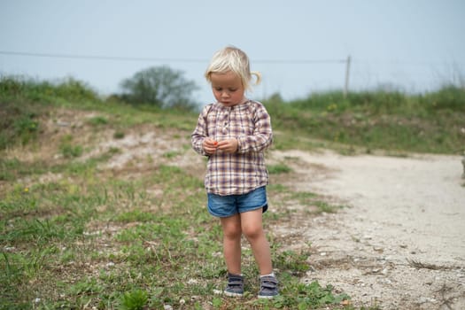A blonde girl walking on the grass in summer, observing flowers and blades of grass. High quality photo