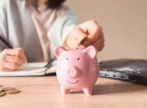 A young girl works at a laptop, writes a business development plan in a notebook, develops a strategy and makes calculations of earned funds. A woman puts her savings in a piggy bank.