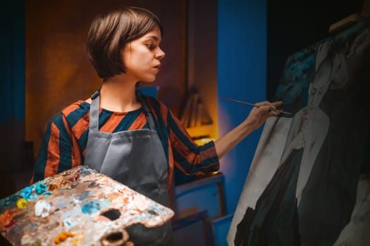 .Female artist Working on oil painting. In her hands are brushes and a palette. She paints a picture in the mysterious atmosphere of her studio.