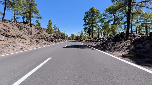 A wonderfully picturesque road meandering through lush pine trees combined with stunning volcanic rock formations