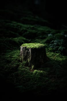 a moss-covered wooden stump in a natural. moody and luxurious atmosphere, shallow depth of field..