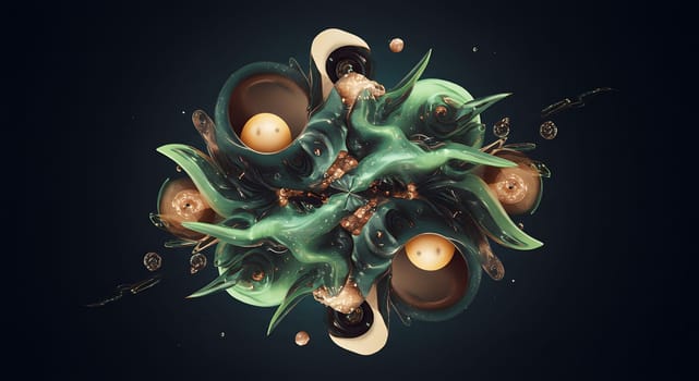 Detailed digital artwork depicting organic, flowing shapes in green and beige hues, forming an abstract symmetrical composition with an alien aesthetic, emphasizing surreal and otherworldly qualities.