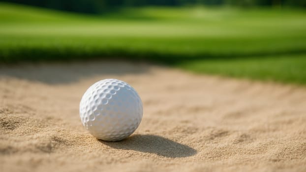 White Golf Ball Resting in Sand Bunker on Sunny Green Course Outdoors